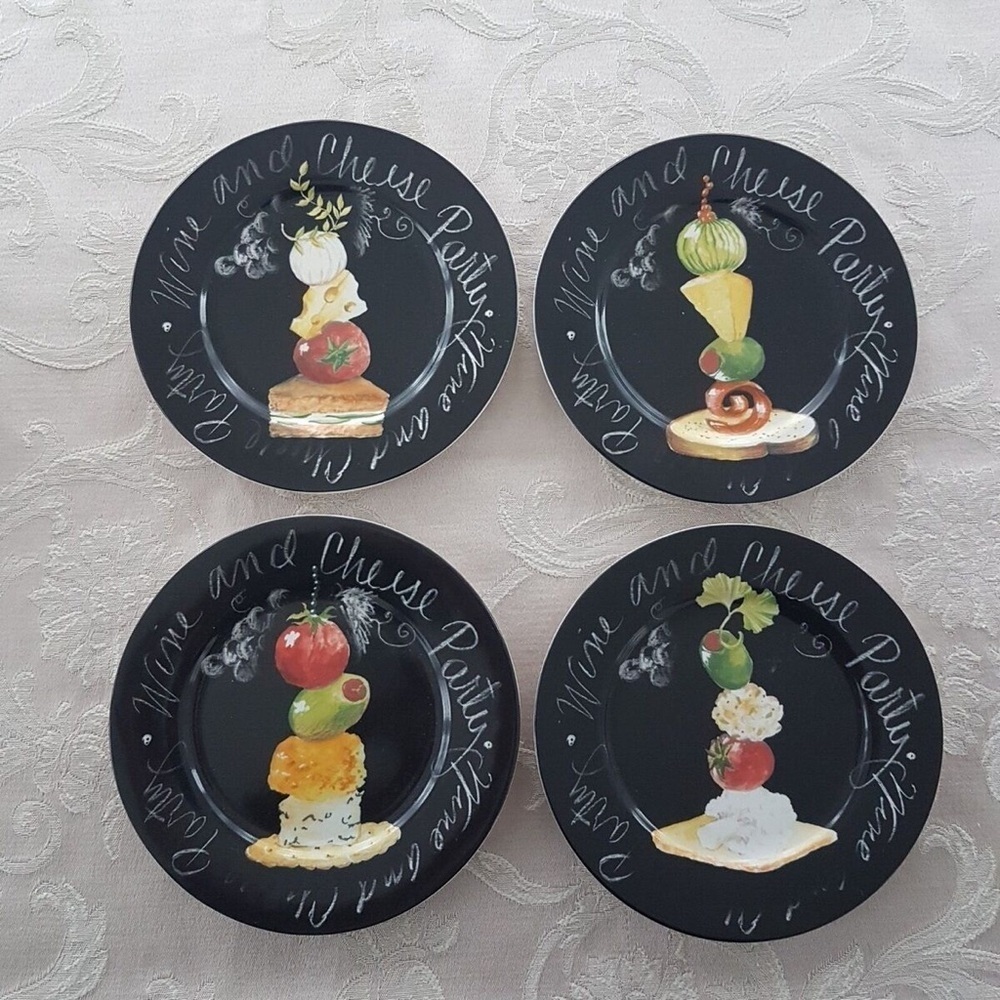 Set of 4 American Atelier Hors-d'oeuvre Appetizer Side Plates, Wine and Cheese